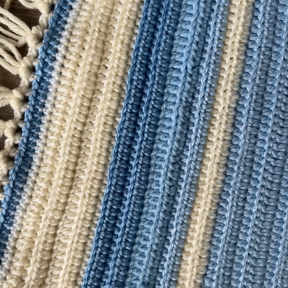 Handmade Vintage Crochet Nursery Crib Baby Blanket Blue Cream Striped Lines 80s - Picture 3 of 5